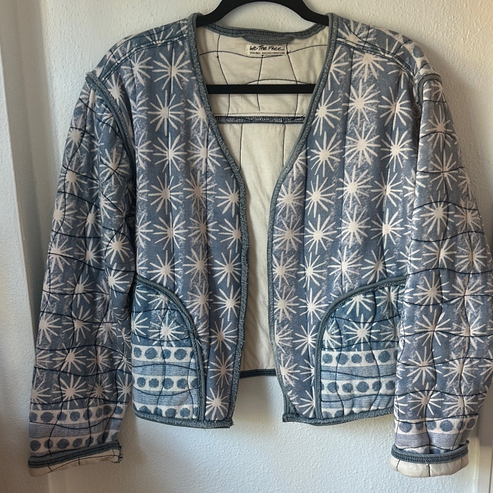 We The Free Light Blue & White Quilted Open-Front Jacket